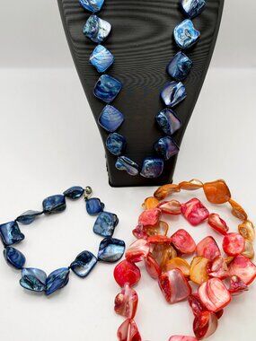 Handmade Blue & Red Shell Beaded Statement Necklace Set